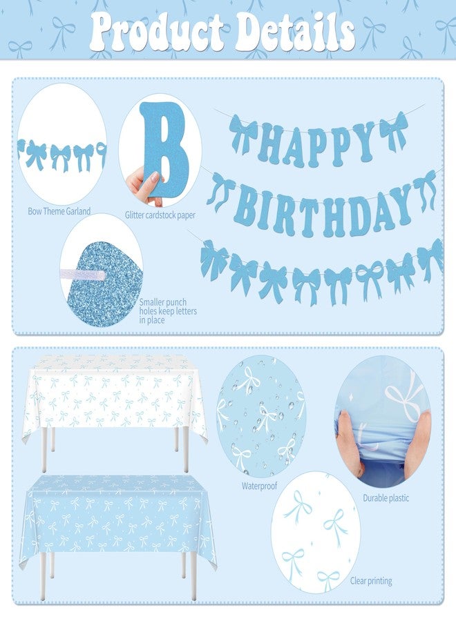 THAWAY Blue Bow Birthday Party Supplies, 220Pcs Coquette Birthday Decorations Includes Bow Plates Napinks Cups Straws Cutlery Tablecloths Banners and Balloons Blue Bow Theme Tableware Serves 24 Guests - Image 4